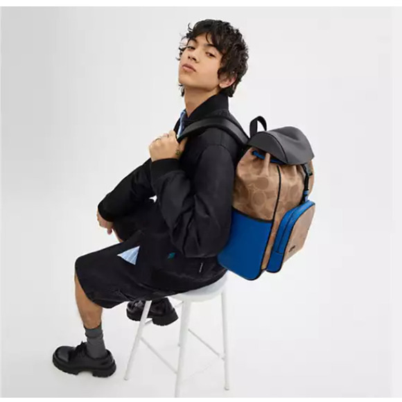 Coach Racer Backpack In Blocked Signature Canvas & Leather Tan/Blue NWT CY775 - Picture 5 of 13